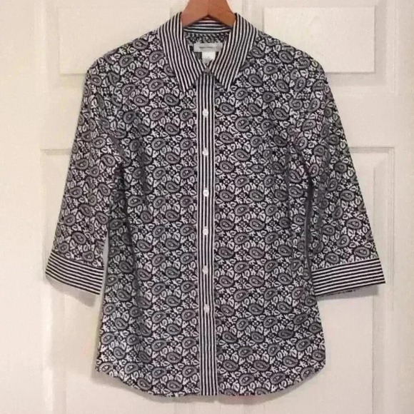 Isaac Mizrahi Button Down Shirt Size M Black and White Pattern Bell Sleeves - Picture 1 of 8